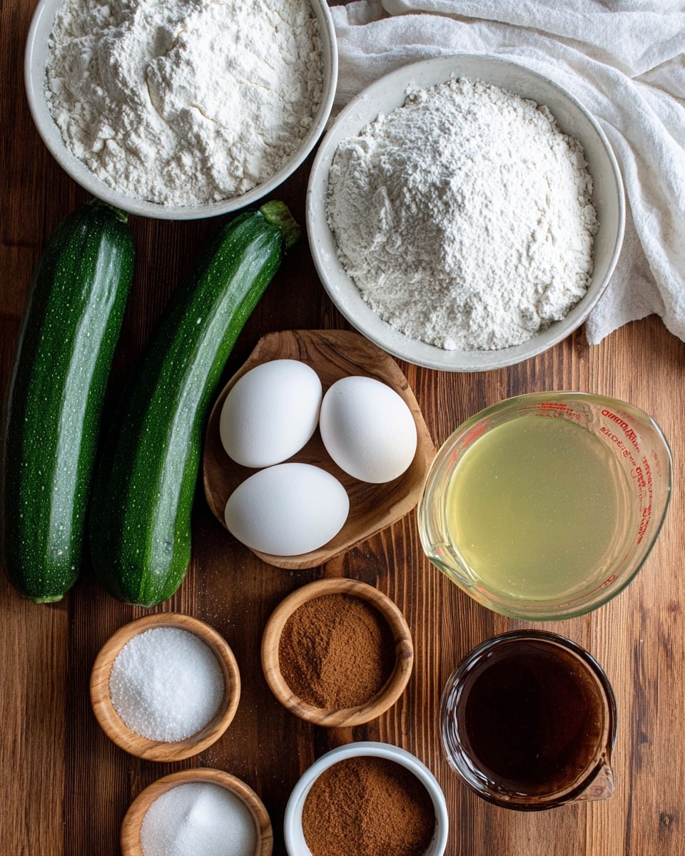 The image shows ingredients for baking arranged neatly on a wooden surface. There are two large zucchinis on the bottom left, dark green and smooth. Above them are two white plates, one filled with white sugar piled smoothly, the other with white flour piled high and slightly textured. Three white eggs are placed between the plates. In front of the eggs, there are three small wooden bowls containing salt, baking powder, and another white powder. A small white bowl holds brown cinnamon powder. On the right side, there is a clear glass measuring cup filled with a light yellow liquid, and next to it a small clear glass bowl with a dark brown liquid. A white cloth is placed in the background. The photo taken with an iphone --ar 4:5 --v 7