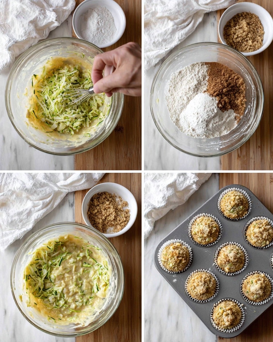 A clear glass bowl sits on a white marbled surface with a woman’s hand whisking and mixing shredded green and white zucchini into a pale yellow batter. Another image shows the same bowl with white flour, brown cinnamon powder, and white baking powder on top of the zucchini batter, ready to be mixed. The next bowl image shows the batter fully mixed, thick, with green zucchini bits evenly spread inside. Finally, a muffin tin holds several white paper liners filled with the thick batter, some topped with a crumbly light brown streusel topping, while a white bowl nearby contains more of the crumbly streusel mix. A white cloth napkin is casually placed near the bowls and muffin tin. Photo taken with an iphone --ar 4:5 --v 7