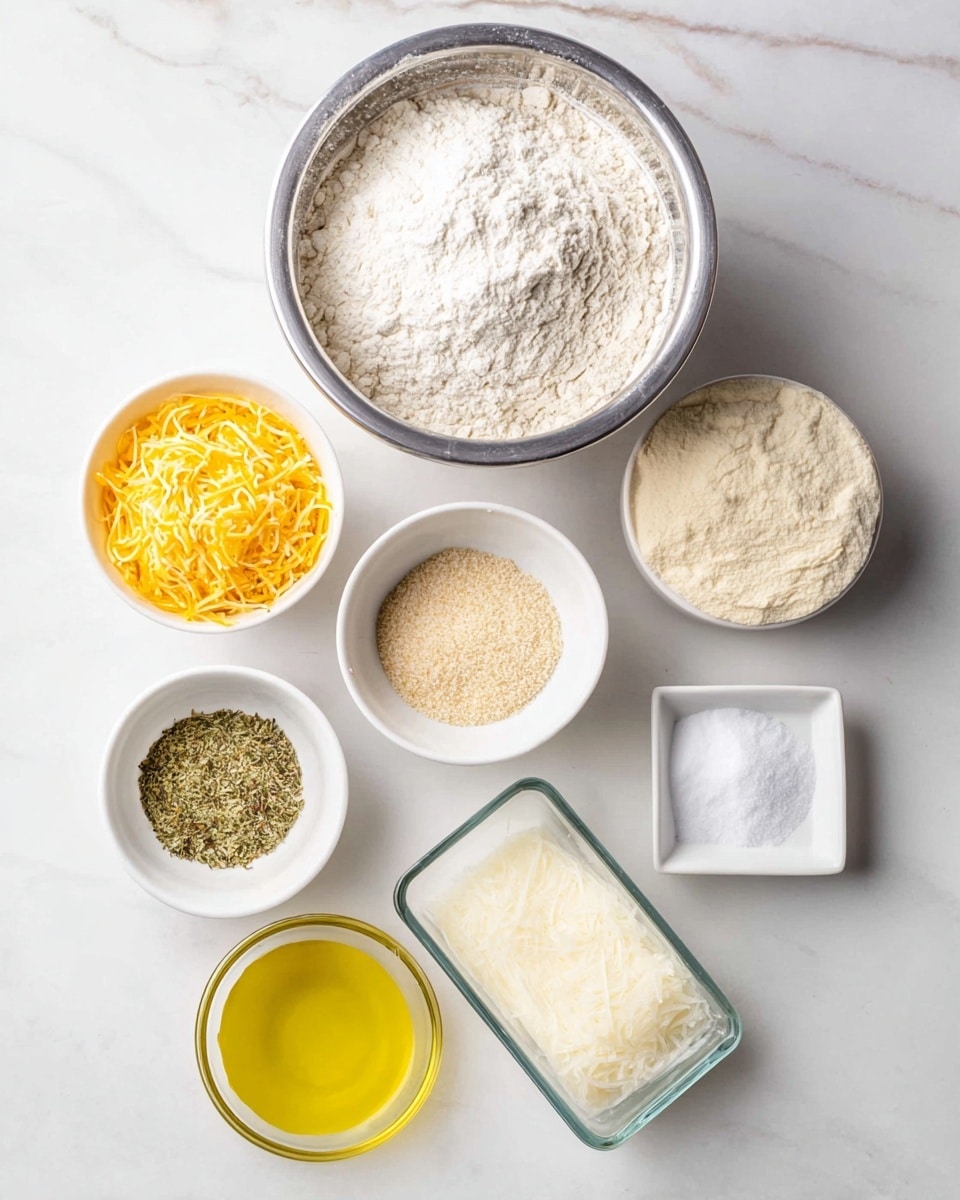 A top view of ingredients arranged on a white marbled surface: a large silver bowl at the top filled with white flour, below it to the left a small white bowl with yellow shredded cheese, next to it a small white bowl with light brown yeast, and another small white bowl holding white granulated sugar. A small white bowl containing a mix of dried green herbs, light yellow powder, and grated white cheese sits near the center, with a small white square dish holding salt in the bottom right. On the bottom left is a small white bowl of yellow cooking oil, and a clear rectangular glass baking dish is placed on the right side. photo taken with an iphone --ar 4:5 --v 7