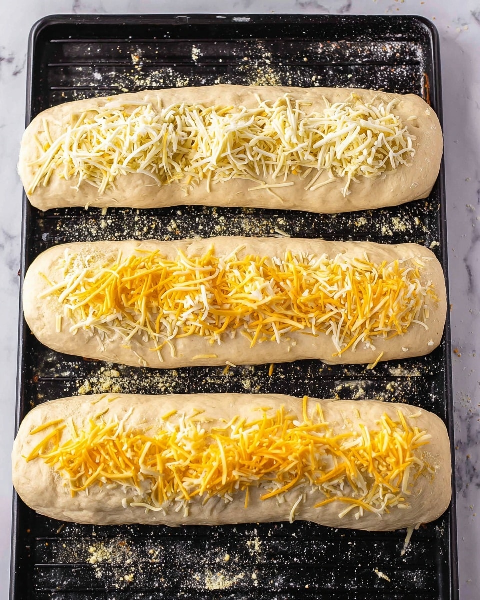 The image shows four long, uncooked bread dough loaves placed on a black baking tray with a grid pattern. Each loaf is topped with two layers of shredded cheese, one white and one yellow, scattered unevenly on top, along with a sprinkling of a light-colored powdery substance throughout. The dough looks soft and slightly puffy with a smooth texture. The tray is set on a white marbled surface. Photo taken with an iphone --ar 4:5 --v 7