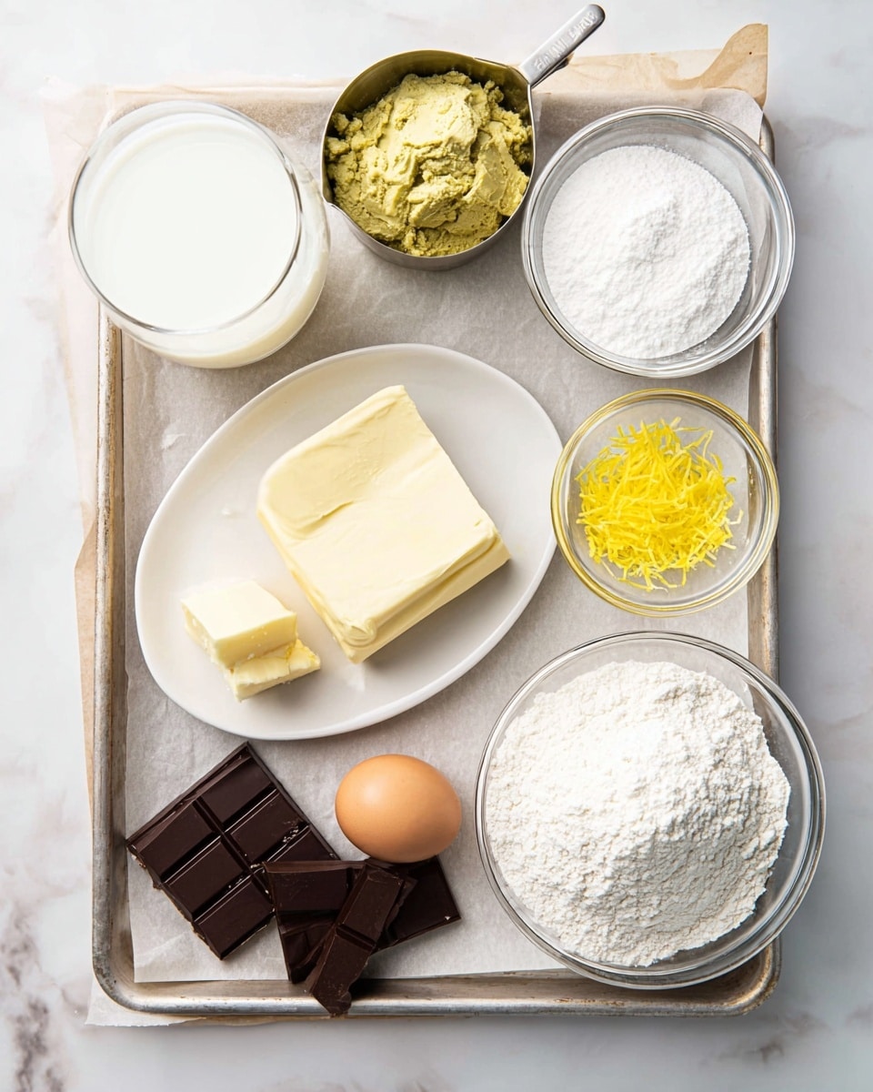 A top-down view of a baking tray lined with parchment paper sits on a white marbled surface. On the tray, there is a white oval plate near the bottom left holding a thick block of cream cheese and two smaller pieces of pale yellow butter next to it. Above this is a heap of greenish-yellow paste in a metal measuring cup. Surrounding these are several clear glass bowls filled with white powdery ingredients; one large bowl with flour in the upper right, a smaller one with powdered sugar directly above the measuring cup, and another small bowl with granulated sugar on the lower right side. A small glass bowl with bright yellow lemon zest is positioned near the center. Two pieces of dark chocolate squares lie flat near the bottom left beside the measuring cup. To the left side of the chocolate is a clear glass filled with a white liquid, likely milk or cream. A single brown egg rests on the tray’s lower right corner. The whole setup is neatly arranged on the tray with soft natural lighting. Photo taken with an iphone --ar 4:5 --v 7