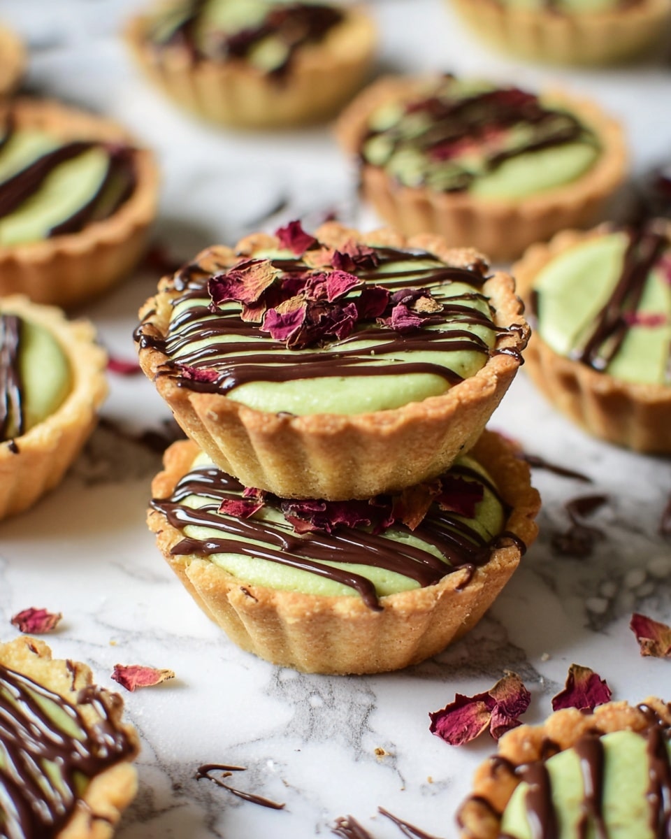 The image shows small tartlets arranged on a white marbled surface. Each tartlet has a golden brown crust with scalloped edges. Inside, there is a smooth, light green filling that looks creamy. On top, dark brown chocolate is drizzled in wavy lines, and small dried red flower petals are sprinkled as decoration. Two tartlets are stacked in the middle, with one on top and the other beneath it. Around them, more tartlets are spread out, some partly visible. The white marbled surface has chocolate drizzles creating a casual pattern. Photo taken with an iphone --ar 4:5 --v 7