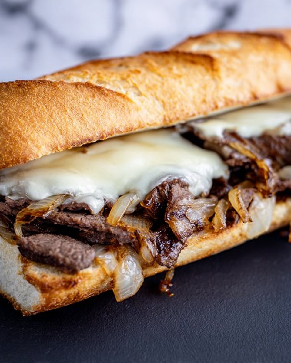 A close-up view of a sandwich featuring a lightly toasted, golden-brown baguette split open to reveal two main layers inside: the bottom layer has thin strips of cooked beef that are brown with some darker charred edges mixed with caramelized golden-brown onions, and the top layer has a slice of melted white cheese spread evenly over the meat and onions. The sandwich rests on a dark surface with a blurred white marbled background. Photo taken with an iphone --ar 4:5 --v 7