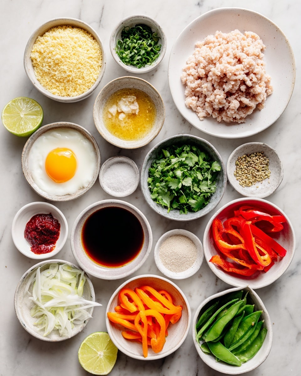 The image shows 14 small white bowls and plates arranged on a white marbled surface, each holding a different fresh ingredient. There is a large white plate in the upper right with light pink ground chicken piled in soft ridges. Surrounding it are bowls filled with pale yellow breadcrumbs, a cracked egg with bright yellow yolk, finely chopped green onions, minced ginger and garlic, bright green chopped cilantro, a mix of white salt and black pepper, thin white strips of yellow onion, dark brown soy sauce, creamy white coconut milk, a smooth deep red Thai red curry paste, bright green snap peas, thin bright red strips of red bell pepper, and round bright orange carrot slices. A halved lime with vibrant green skin and pale yellow inside lies among the bowls. The colors range from red, orange, white, green, and pale pink, with smooth, moist, and fresh textures. Photo taken with an iphone --ar 4:5 --v 7