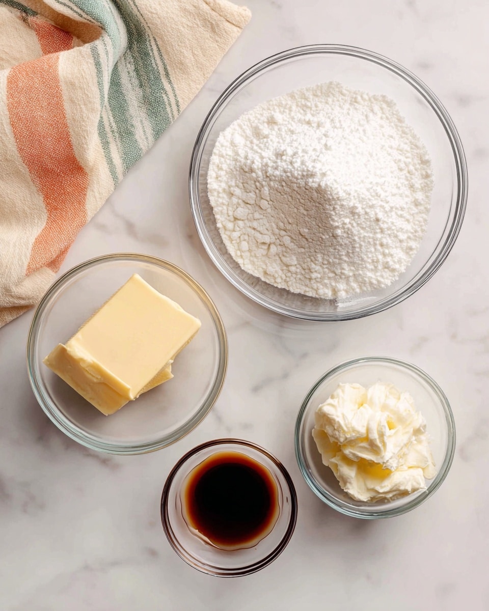 The image shows four clear glass bowls placed on a white marbled surface. In the largest bowl in the center, there is a heap of fine, white powdered sugar with a soft and fluffy texture. To the left is a smaller bowl with a block of pale yellow butter, smooth and solid. Below that is a tiny bowl filled with dark brown pure vanilla extract, glossy and liquid. To the right is another small bowl containing a few dollops of creamy, thick white cream cheese. A striped cloth with beige, peach, and greenish lines is visible in the top left corner. Photo taken with an iphone --ar 4:5 --v 7
