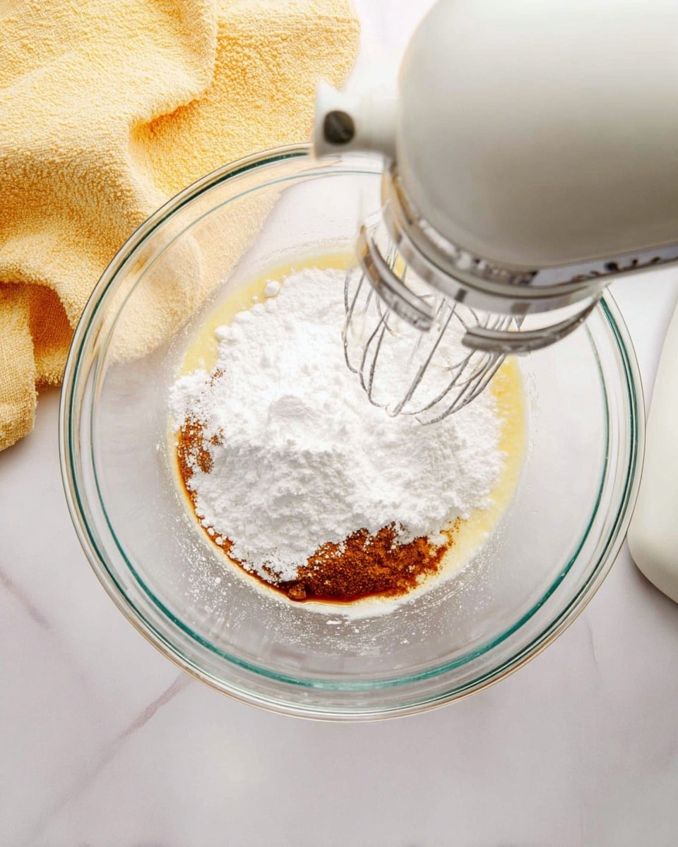 A clear glass mixing bowl sits on a white marbled surface, filled with three visible layers: a bottom creamy off-white layer, a middle mound of pure white powdered sugar, and dark brown vanilla extract drizzled partly over the powder. Above the bowl, a white mixer with a metal beater hovers over the ingredients, ready to blend. To the left, a soft yellow towel and a beige cloth add a cozy touch to the scene. Photo taken with an iphone --ar 4:5 --v 7
