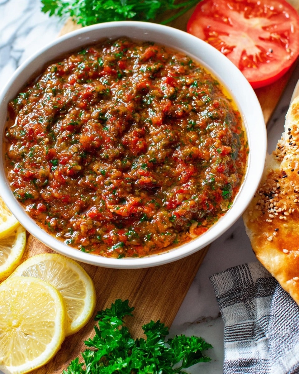 A white bowl filled with a coarse red and green sauce made of chopped tomatoes, herbs, and seeds, showing thick and chunky texture with visible bits of green herbs and red peppers. The bowl is placed on a light wooden board with three thin slices of lemon beneath it toward the bottom center, and a bunch of fresh green parsley to the right. A golden brown round flatbread with sesame seeds is partially visible in the lower right corner resting on a grey and white striped cloth. A halved tomato is seen at the top edge, all set on a white marbled surface. Photo taken with an iphone --ar 4:5 --v 7