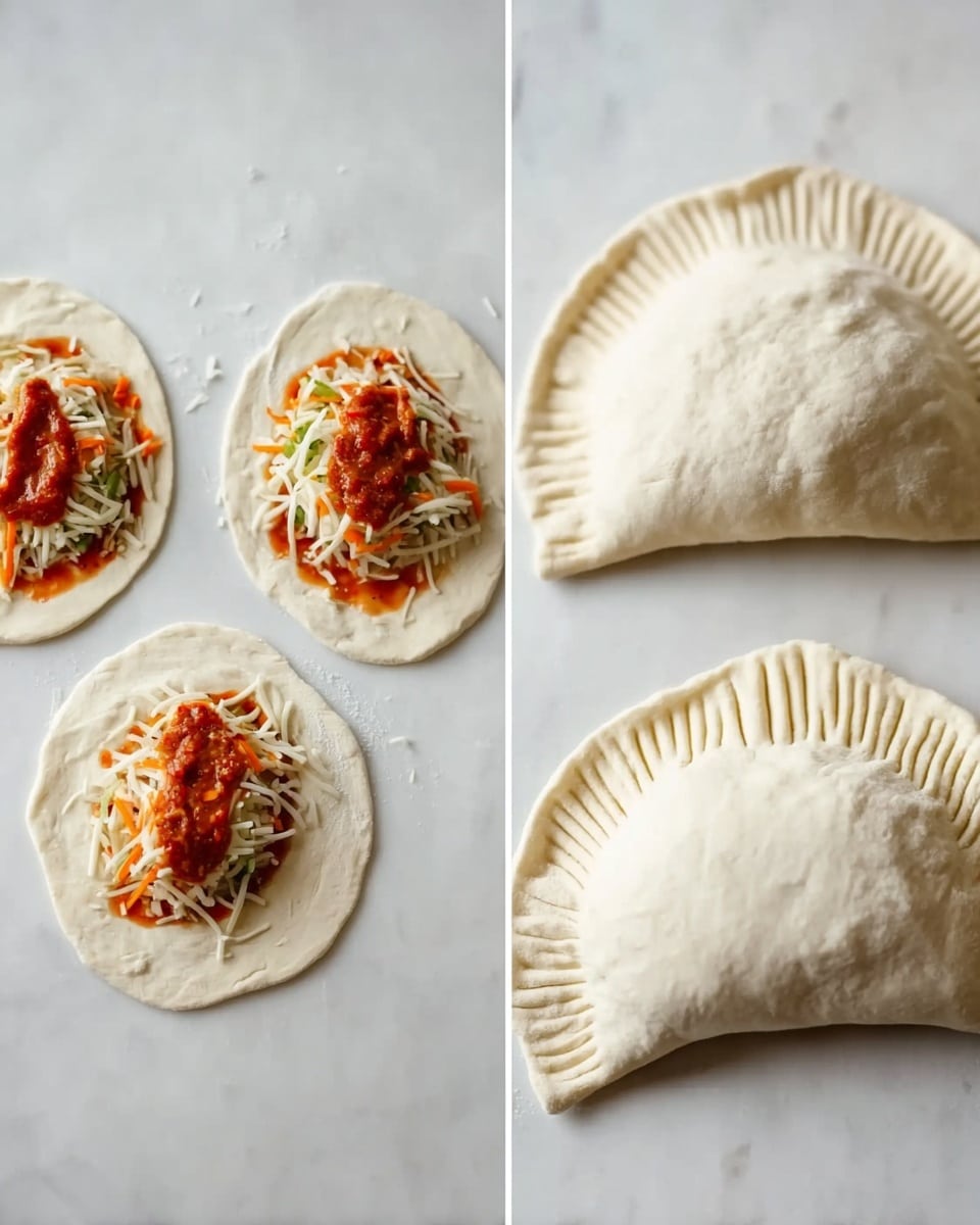 The image shows two stages of making small pizzas on a white marbled surface. On the left, there are four pieces of raw dough flattened into irregular circles, each topped with a small oval layer of red tomato sauce, sprinkled with some orange and green vegetable bits, and covered with a layer of shredded white cheese. On the right, two pieces of dough are folded over the toppings into semicircles and sealed by pressing down the edges with lines from a fork, creating a textured edge. The dough looks soft and slightly puffy. photo taken with an iphone --ar 4:5 --v 7