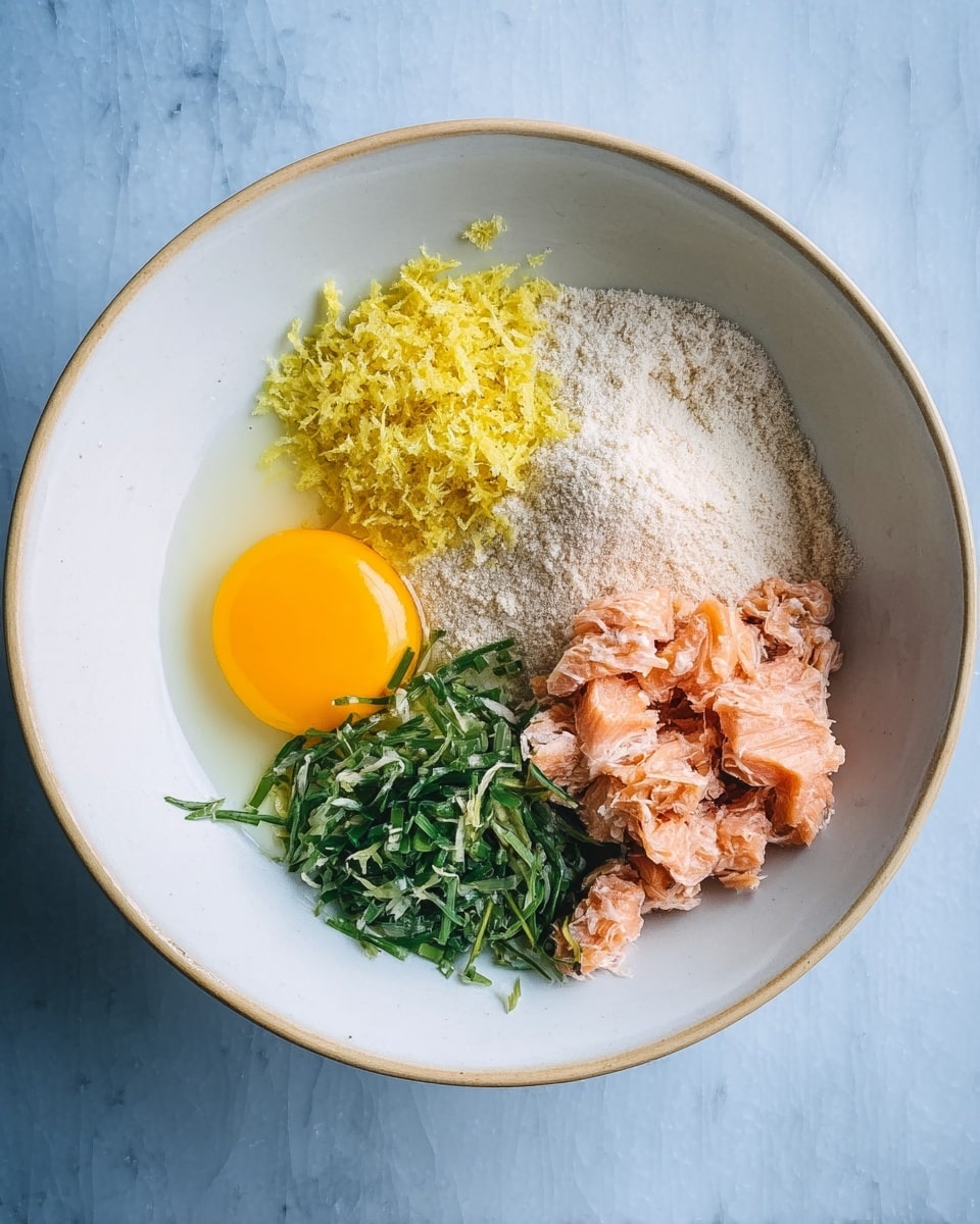 A white bowl sits on a white marbled surface, holding four main ingredients arranged separately but close to each other. On the left side of the bowl is a whole raw egg with a bright yellow yolk and clear egg white. Above the egg is a small pile of thin yellow lemon zest. To the right of the lemon zest is a heap of fine, pale beige flour or powder. Below the lemon zest and powder are shredded green herbs, and beneath them is a group of soft, pinkish-orange pieces of cooked salmon. The ingredients are fresh and colorful with clear textures. Photo taken with an iphone --ar 4:5 --v 7