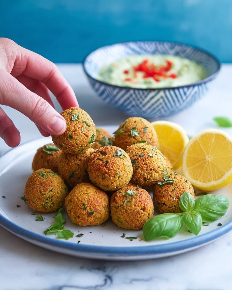 A white plate holds a pile of round, golden-brown falafel balls sprinkled with green herbs evenly across their rough textures. To the right of the falafel, there are two bright yellow lemon halves, one facing up and the other on its side, along with some green basil leaves scattered near them. Behind the falafel, a white bowl with a blue zigzag pattern around its edge contains a creamy light green dip topped with small red chili pieces. A woman's hand is reaching from the left, about to pick up one of the falafel balls. The plate rests on a white marbled surface with a blurred blue background. photo taken with an iphone --ar 4:5 --v 7