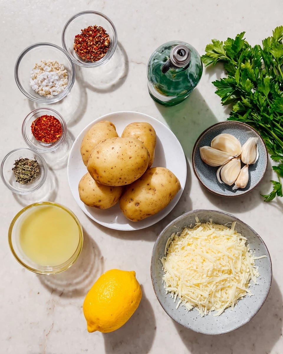 This image shows ingredients laid out on a white marbled surface: four light brown potatoes stacked in a small white plate at the center, a white bowl filled with finely grated cheese to the right, a small grayish bowl of garlic cloves below the cheese, a glass bowl with light yellow liquid below the garlic, and a bright yellow lemon placed below the potatoes. Near the lemon is a green glass bottle with a metal spout, and at the top left there are small clear glass bowls containing red and green spices along with small brown dishes of salt and pepper. On the top right corner, fresh green parsley leaves add a touch of color. photo taken with an iphone --ar 4:5 --v 7