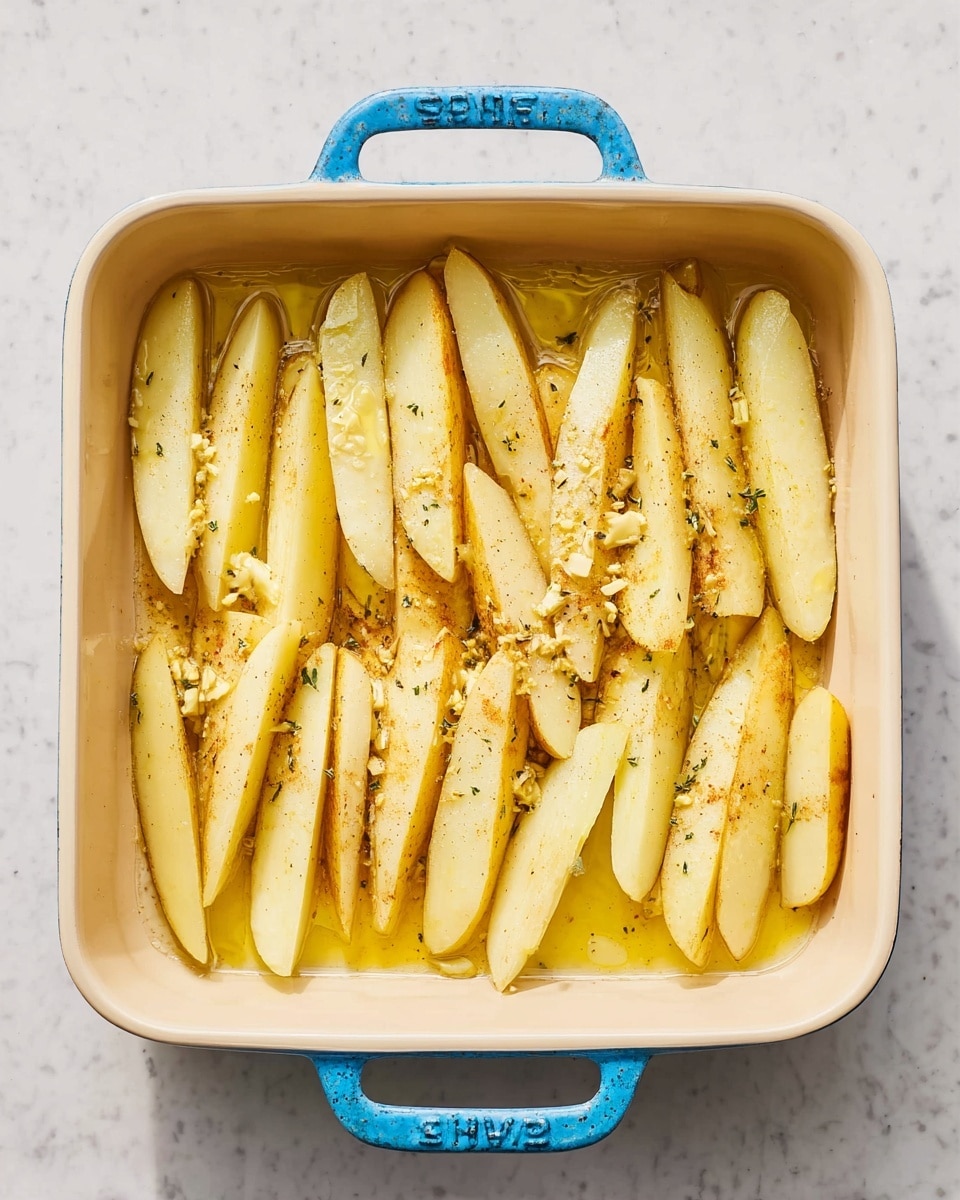 The image shows a light beige rectangular baking dish with blue handles, filled with one layer of uncooked potato wedges placed vertically. The potato wedges are light yellow with a slightly soft texture and some parts showing a light brown seasoning. Minced garlic and small herbs are scattered evenly on top and in between the wedges, sitting in a pool of golden oil at the bottom of the dish. The dish is placed on a white marbled surface. photo taken with an iphone --ar 4:5 --v 7