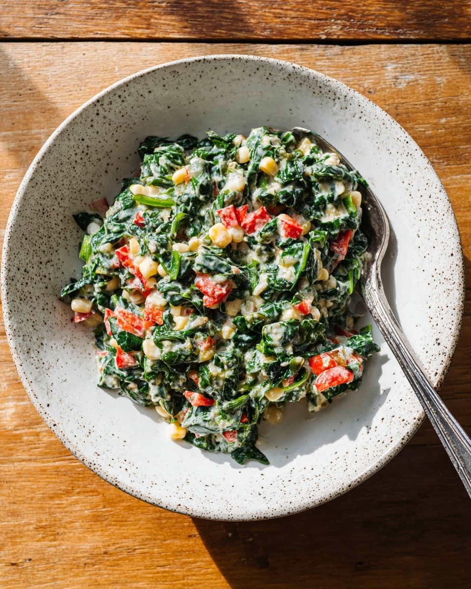A white speckled bowl contains a mix of creamy cooked greens with visible pieces of red bell pepper and white corn kernels, giving it a colorful and textured look. The dish has a soft and creamy texture with a slight shine from the sauce. Inside the bowl, on the right side, rests a simple silver spoon. The bowl sits on a wooden surface with natural light casting soft shadows around the bowl. photo taken with an iphone --ar 4:5 --v 7