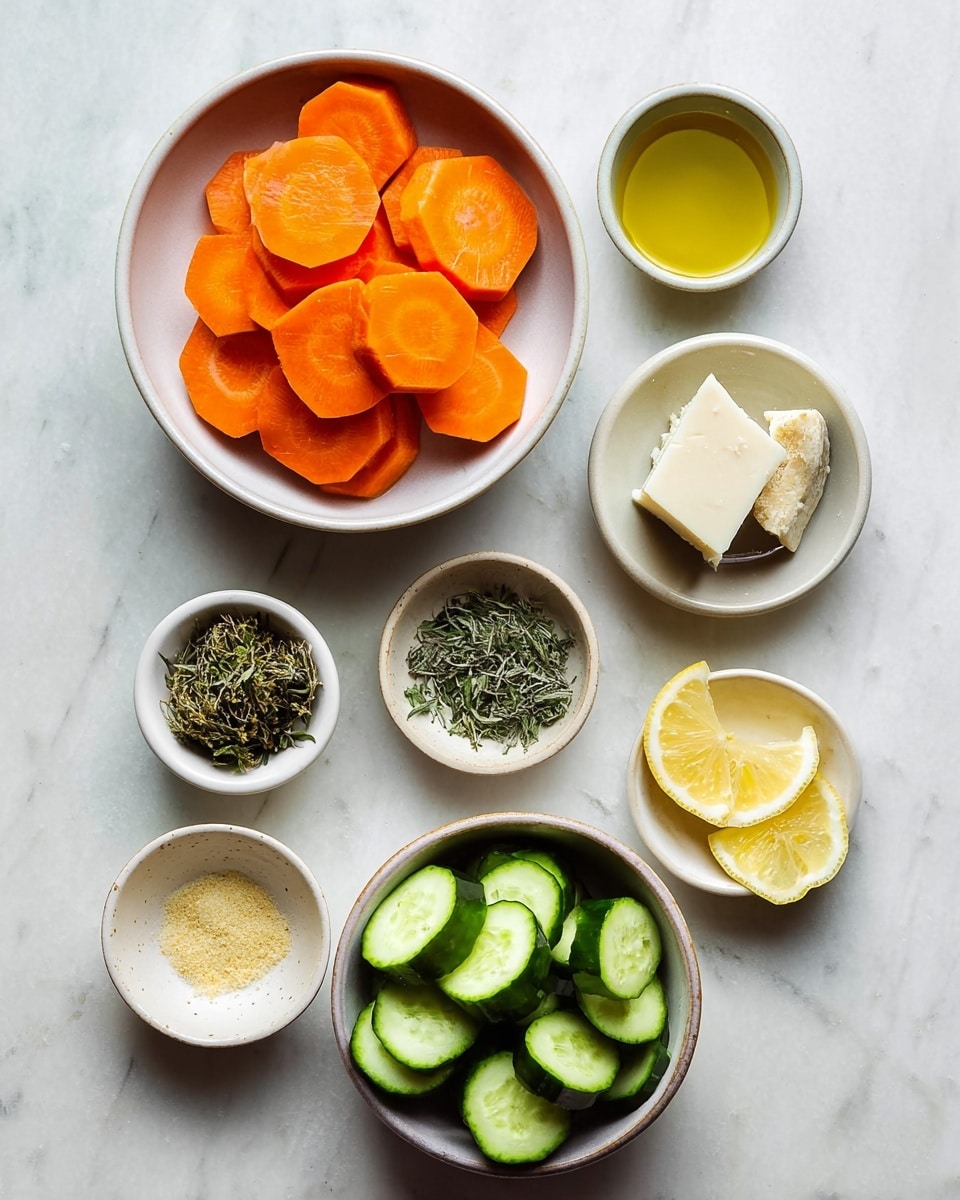 The image shows a top view of several white bowls and small dishes arranged on a white marbled surface. One large white bowl holds bright orange carrot slices, another large white bowl contains thick green cucumber slices. Around them are small dishes with different ingredients: a small white bowl with a wedge of cheese, a small bowl with dried green herbs, another with dried green leaves, a dish with light yellow powder, a dish with olive oil, and a small bowl with two lemon slices. The colors are natural and fresh, and the textures range from smooth and wet to dry and crumbly. photo taken with an iphone --ar 4:5 --v 7
