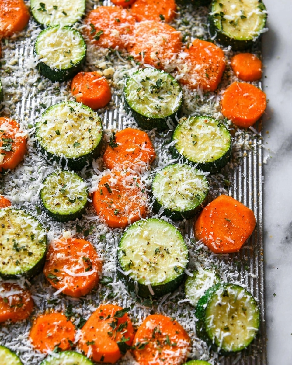 Sliced rounds of green zucchini and bright orange carrots are spread out on a ridged silver baking tray, each piece topped with a light sprinkle of white grated cheese and small bits of dried green herbs. The zucchini slices are thick, showing pale green flesh with darker green skin, while the carrot slices are thinner and vibrant. The cheese adds a soft, slightly textured layer over the vegetables, catching the light with a fine, powdery look. The overall scene rests on a white marbled surface. Photo taken with an iphone --ar 4:5 --v 7