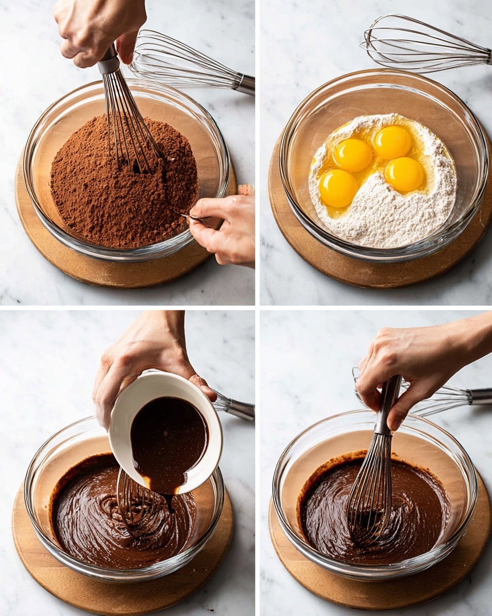 A collage of four images shows the process of making chocolate batter in a clear glass bowl on a wooden board, set on a white marbled surface. In the first image, a woman's hand holds the bowl while the other whisk mixes a thick layer of dry brown cocoa powder and flour inside. The second image captures a woman's hand pouring three raw eggs with bright yellow yolks from a small white bowl into the dry mix, while the metal whisk lays beside the bowl on the surface. In the third image, a woman's hand adds a small white bowl with dark brown vanilla extract to the mixture, with the eggs now inside the cocoa powder. The final image shows the smooth, dark chocolate batter being whisked vigorously by a woman's hand, with batter coating the sides of the clear bowl. Photo taken with an iphone --ar 4:5 --v 7