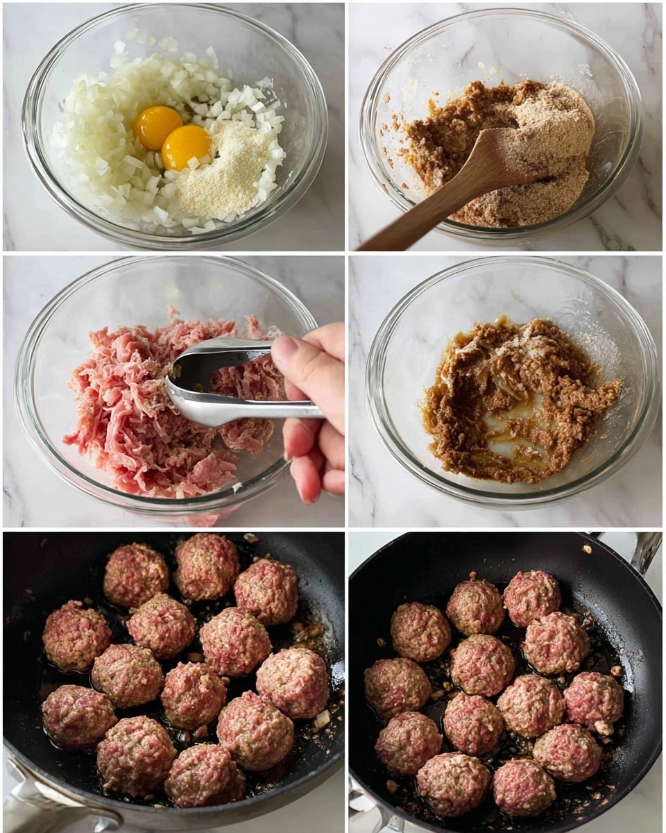Six images show the process of making meatballs in a white glass bowl and a black pan. The top left image shows four ingredients in the bowl: chopped white onions on the top left, a raw egg in yellow and white on the bottom left, light beige breadcrumbs on the top right, and brown spices on the bottom right. The top right image shows the mixture combined, with the onion and spices mixed into a thick, brownish batter with visible onion pieces, and a wooden spoon resting in the bowl. The middle left image shows a woman's hand mixing the brown mixture with raw pink ground meat and onions. The middle right image shows the ground meat and onion mixture fully combined with the brown spice mixture in the bowl, with a metal ice cream scoop placed on the mix. The bottom left image shows many raw meatballs, pink with white onion pieces, placed in a black pan with tongs nearby. The bottom right image shows the meatballs cooked on one side, browned and crisp, still in the black pan. The background is a white marbled surface photo taken with an iphone --ar 4:5 --v 7