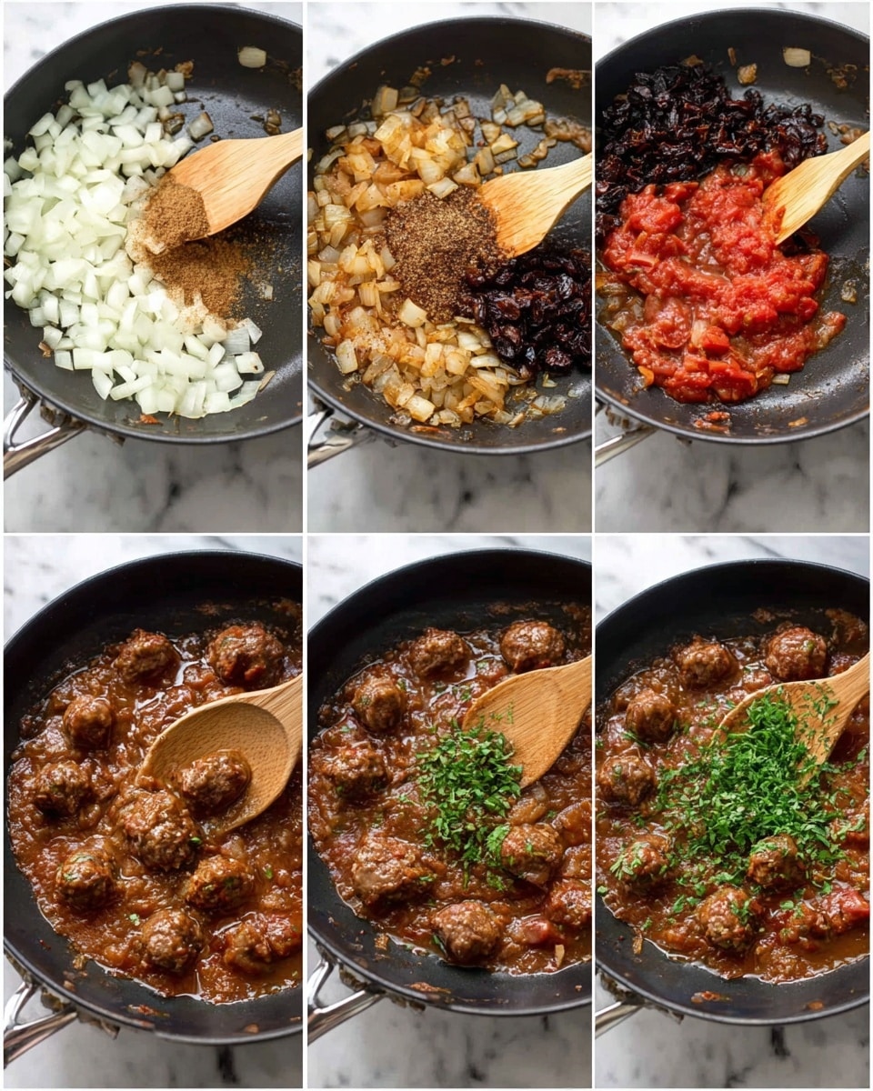 A black pan shown in six images, starting with chopped white onions being cooked and stirred with a wooden spoon, then ground brown spices added over the onions. Next, the onions turn golden brown with a rich texture as they cook further. After that, a red chunky tomato mixture and dark dried fruits are added on top of the onions in the pan. The fifth image shows browned meatballs cooking in a thick tomato sauce with visible chunks. The last image has the meatballs in the sauce garnished with fresh chopped green herbs on top, stirred by a wooden spoon. The pan is on a white marbled surface, photo taken with an iphone --ar 4:5 --v 7