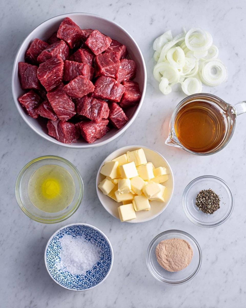 A white bowl filled with many small cubes of deep red raw meat sits in the bottom left. Above and to the right, there is a small white bowl with sliced white onions. Near it are two small glass bowls with pale yellow cubes of butter and a clear liquid likely oil. A small white bowl holds a heap of ground black pepper, while a light blue patterned bowl contains coarse white salt. There is a clear glass cup filled with brown liquid, and another clear bowl with light brown powder. All items are arranged on a white marbled surface. Photo taken with an iphone --ar 4:5 --v 7