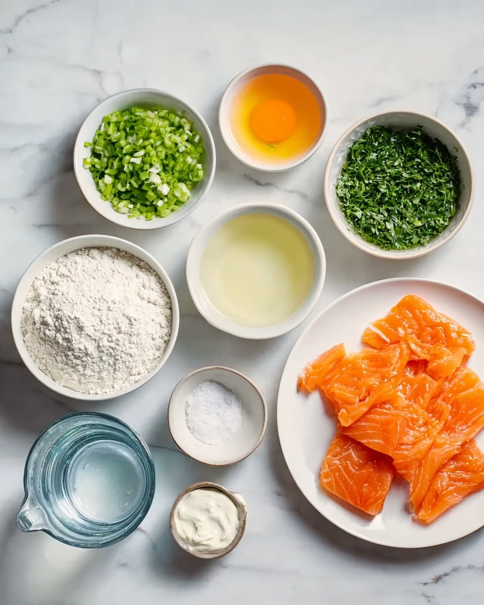 The image shows nine small bowls arranged on a white marbled surface, each containing different ingredients. The top row has three white bowls; the first is full of chopped green onions, the middle holds a bright orange liquid, and the last contains finely chopped green herbs. Below these, on the right, is a small bowl with a clear light yellow liquid. The center spot has a round white bowl filled with white flour. In front of it, a small white bowl with white cream or sour cream, next to it a tiny white bowl with white powder, probably salt. To the left, a clear glass measuring cup holds clear water. On the far right, a white plate holds several pieces of bright orange smoked fish slices, neatly arranged. The whole setup is clean and bright, photo taken with an iphone --ar 4:5 --v 7