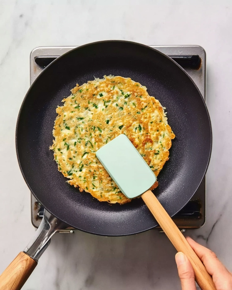 A round yellow-brown pancake mixed with green herbs is cooking in a black non-stick pan. The pancake’s surface shows a mix of small crispy brown edges and soft green herb bits spread evenly throughout. A woman's hand holds a spatula with a light blue flat blade and a wooden handle, sliding under the pancake as it cooks. The pan sits on a small stove burner, all placed on a white marbled surface. photo taken with an iphone --ar 4:5 --v 7