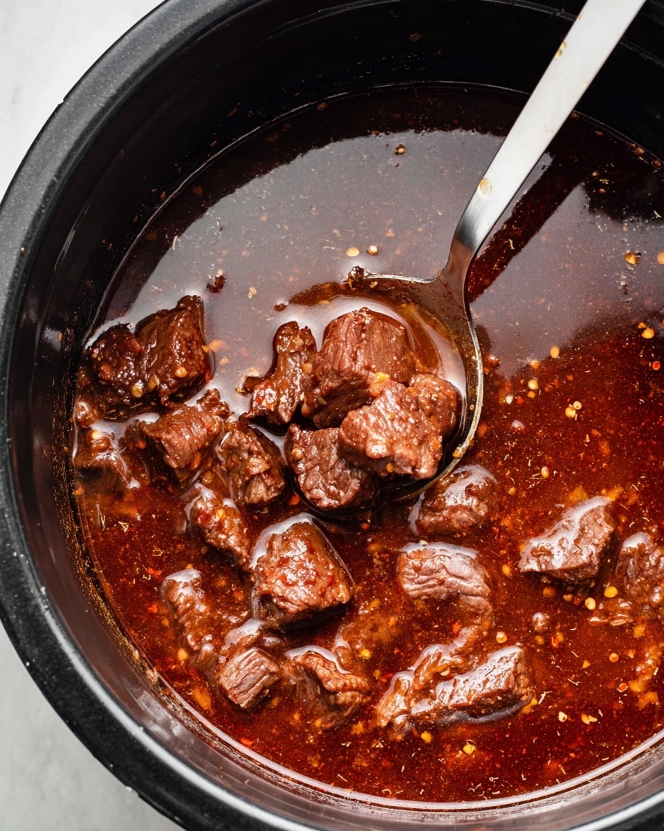 Inside a black round pot, dark brown pieces of cooked meat float in a rich, glossy reddish-brown sauce with visible small bits of seasoning. The meat chunks vary in size and have a tender texture. A white spoon with a shiny silver handle is partially submerged in the sauce, lifting some meat pieces. The pot's inner surface shows a smooth dark texture contrasting with the shiny sauce. The image is taken over a white marbled surface. photo taken with an iphone --ar 4:5 --v 7