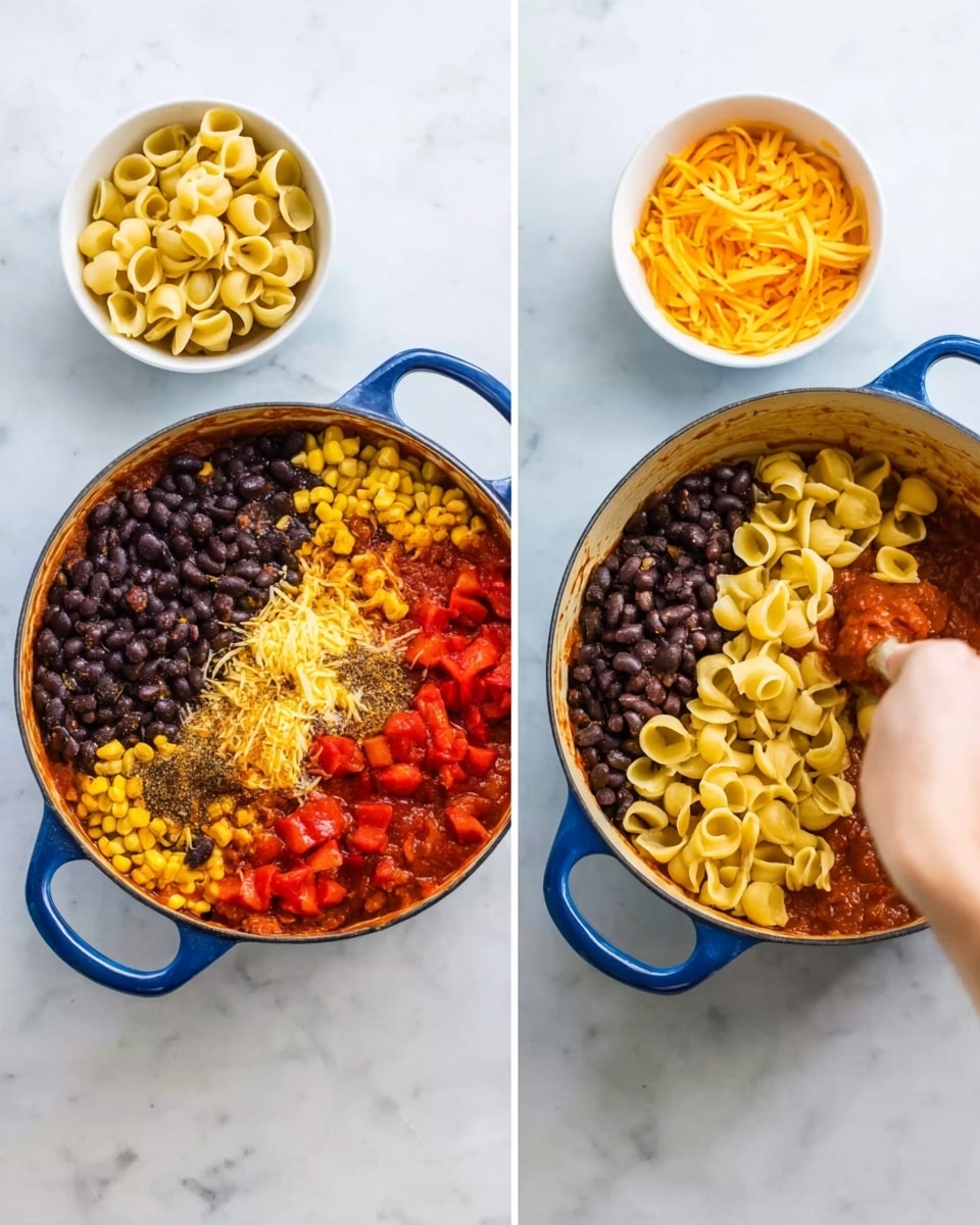 The image shows a blue pot on a white marbled surface with layers of food being combined. The first layer in the pot has black beans, yellow corn, red tomato sauce, chopped tomatoes, and spices, all placed side by side in separate sections. Next to the pot, there are two white bowls, one filled with yellow pasta shells and the other with shredded orange cheese. In the second image, a woman's hand is stirring the yellow pasta shells into the mixed layers inside the pot, blending the colors of black, yellow, red, and orange with the shapes of beans, corn, sauce, pasta, and tomatoes. Photo taken with an iphone --ar 4:5 --v 7