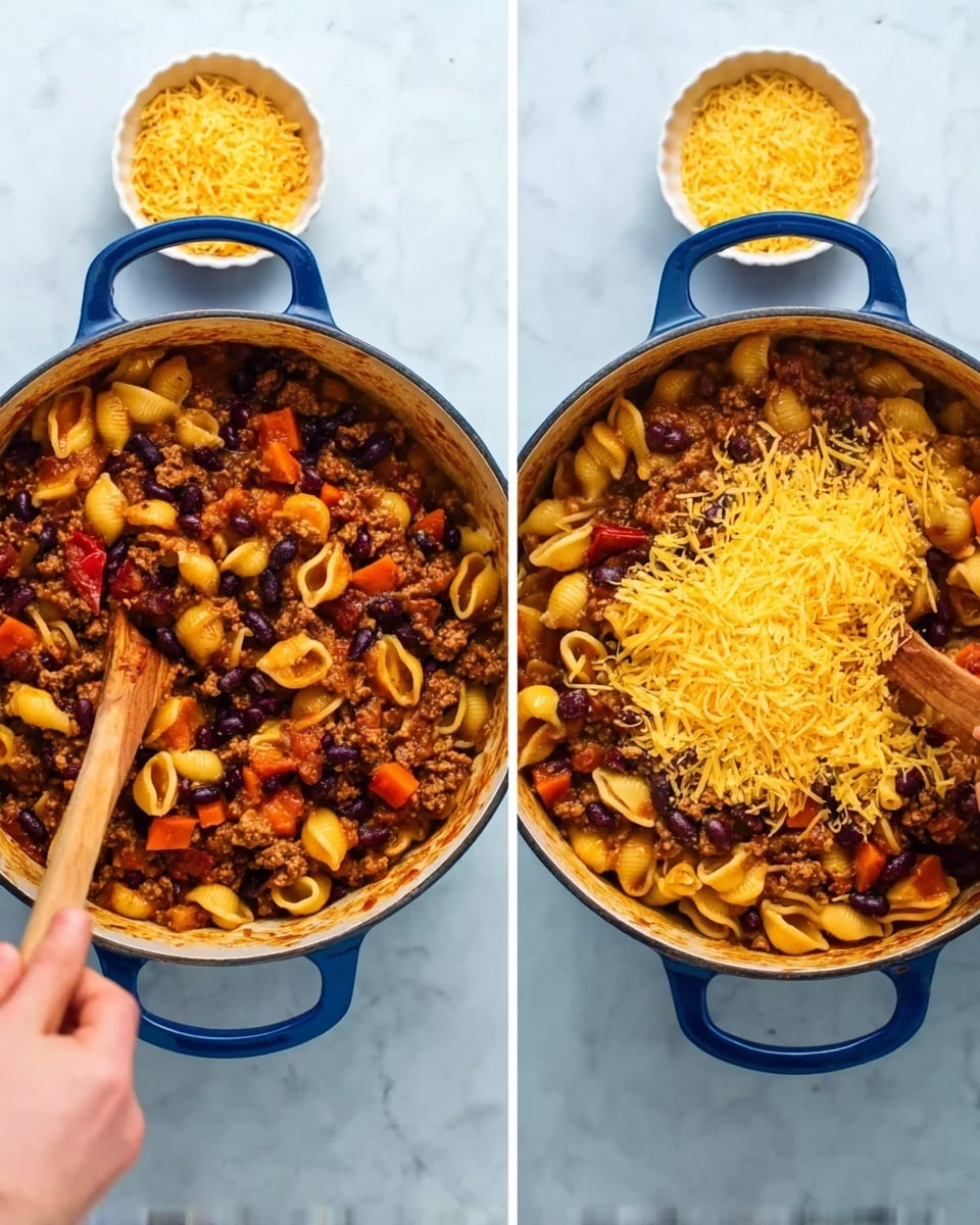 The image shows a blue pot filled with cooked pasta shells mixed with a chunky sauce containing red carrots, black beans, and ground meat, all on a white marbled surface. The sauce has a rich dark brown color with some red and orange from the carrots. In the first part, a woman's hand holds a wooden spoon stirring the pasta and sauce. In the second part, the same pot has a bright yellow shredded cheese layer on top, which a woman's hand is mixing into the pasta with the wooden spoon. Next to the pot, there is a small white bowl filled with more yellow shredded cheese. Photo taken with an iphone --ar 4:5 --v 7