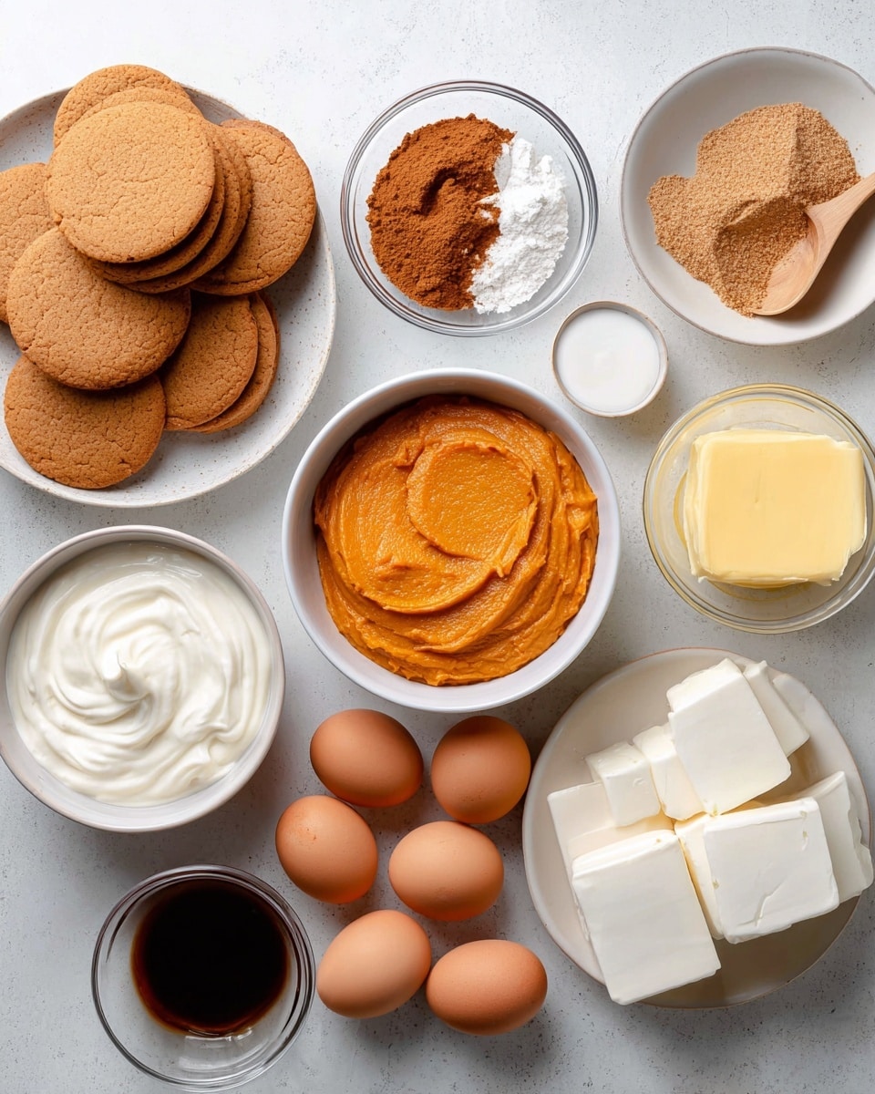 The image shows a collection of baking ingredients arranged neatly on a white marbled surface. There are ten round, light brown cookies stacked in a white bowl on the bottom left. Next to this bowl, a small glass bowl holds a white creamy substance. Centered in the image is a white bowl with smooth, orange pumpkin puree. Above it, there is a small white bowl with brown cinnamon powder and a wooden spoon. To the right of the pumpkin puree bowl is a small glass bowl with light brown sugar. Next to it, on a white plate, are six whole brown eggs. Above the eggs, there is a small pot with melted butter that is bright yellow-orange. To the right bottom corner is a white plate holding three thick, white cream cheese blocks. Between the cream cheese and the pumpkin puree is a small white bowl filled with dark vanilla extract. All ingredients are well lit and clearly visible. Photo taken with an iphone --ar 4:5 --v 7