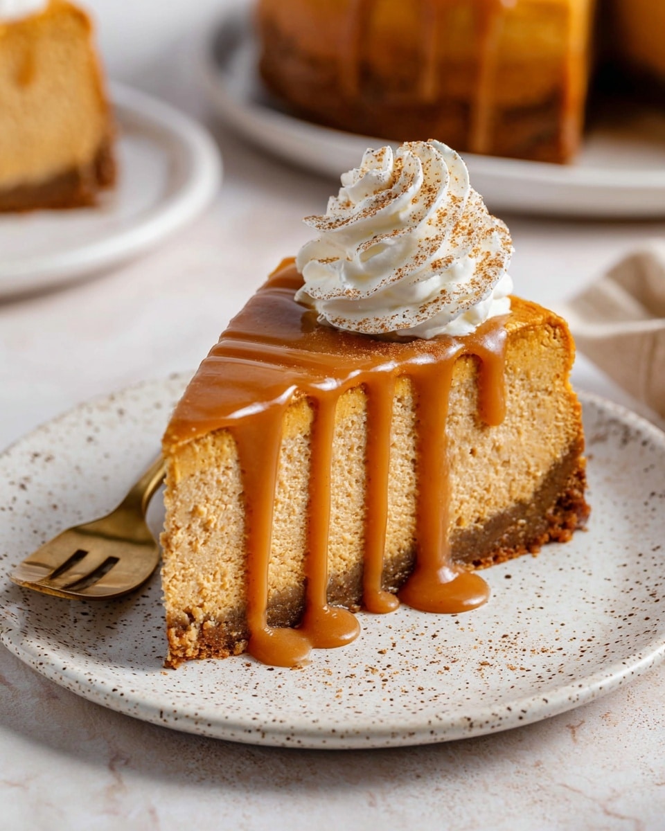 A single slice of pumpkin cheesecake with a thick light orange creamy layer on top of a dense brown crust rests on a white speckled plate. The cheesecake has smooth caramel-colored sauce drizzled in lines down the side and onto the plate. A swirl of white whipped cream dusted with cinnamon sits on top near the edge. The plate is set on a white marbled surface with a gold spoon nearby and blurred slices in the background. photo taken with an iphone --ar 4:5 --v 7