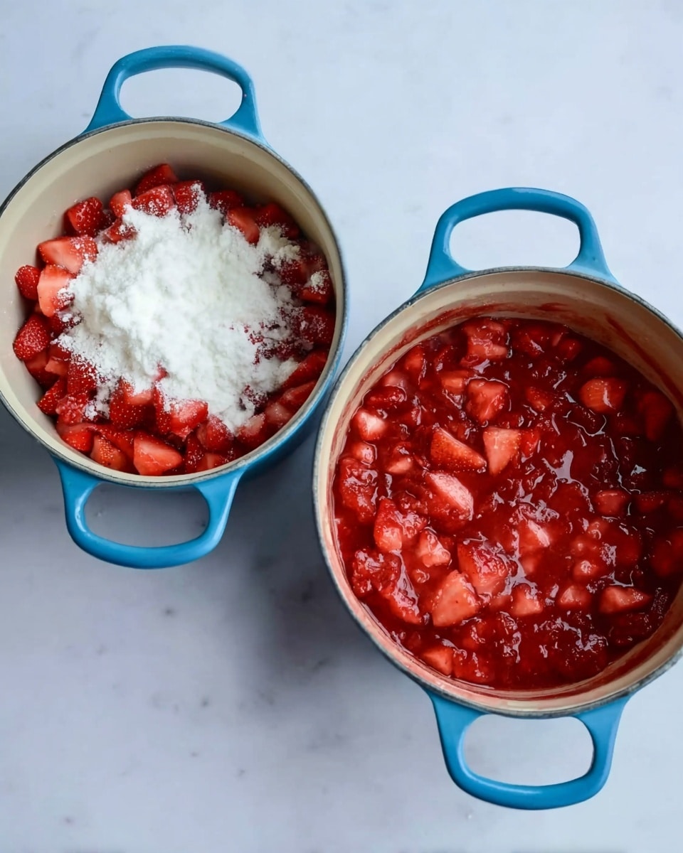 The image shows two blue pots on a white marbled surface. The left pot has about two layers: the bottom layer is chopped red strawberries, and the top layer is a mound of white powder, likely sugar or cornstarch, sitting on the strawberries. The right pot shows the same chopped strawberries cooked down into a thick sauce with a red, shiny texture and small chunks of strawberries visible. The white powder has dissolved or mixed in. Both pots have blue handles and rims. Photo taken with an iphone --ar 4:5 --v 7