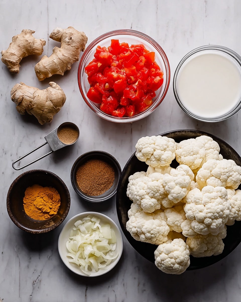 A variety of cooking ingredients are arranged neatly on a white marbled surface. On the far right, there is a white bowl filled with large cauliflower florets, showing a creamy white and textured surface. Next to it is a transparent glass bowl with bright red diced tomatoes in liquid. Above, a clear round bowl contains smooth white coconut milk. There are three small bowls at the center: one black bowl with a golden yellow turmeric powder, a white small bowl holding minced garlic, and a tiny white plate with grated ginger. To the left, a metal measuring spoon contains dark brown cumin powder, and a small brown bowl holds cinnamon powder. Above these spices, a transparent bowl holds chopped white onions, next to two whole pieces of fresh ginger root with light brown skin and knobby texture on the white marbled surface. Photo taken with an iphone --ar 4:5 --v 7
