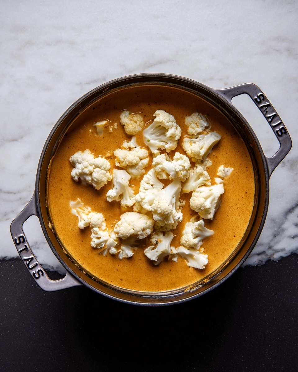 A round dark cooking pot filled with a smooth, thick orange sauce as the base layer, topped with chunks of white cauliflower spread unevenly across the surface. The pot handles are visible on both sides, with