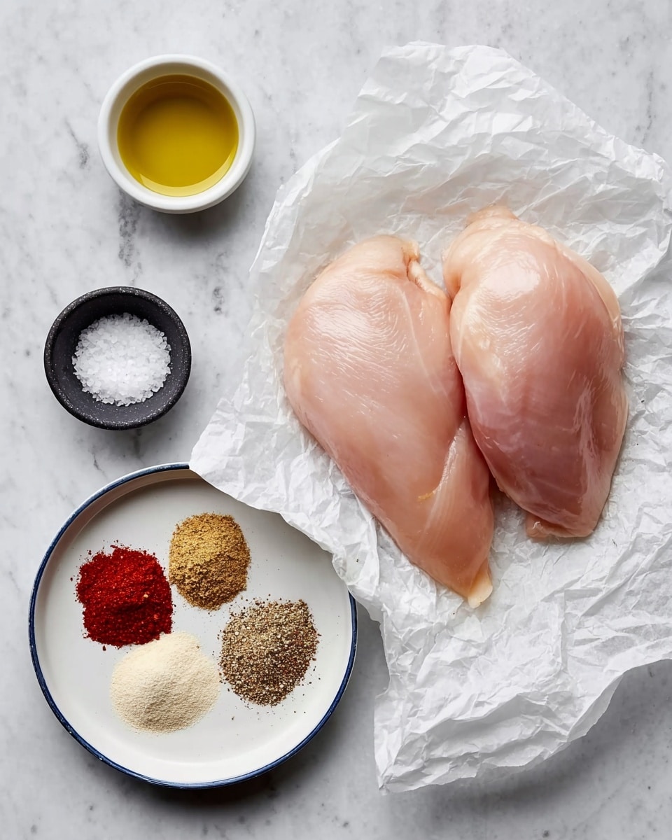 Two fresh raw chicken breasts with a pale pink color and smooth texture lie on crumpled white parchment paper, positioned on the right side. On the left side, there is a small white bowl filled with golden olive oil, next to a small black dish with white coarse salt. Below them, a white plate with a thin blue rim holds five different spices arranged in a circular pattern: red paprika, light brown garlic powder, black pepper, another light brown spice, and white salt. All items rest on a white marbled surface. Photo taken with an iphone --ar 4:5 --v 7