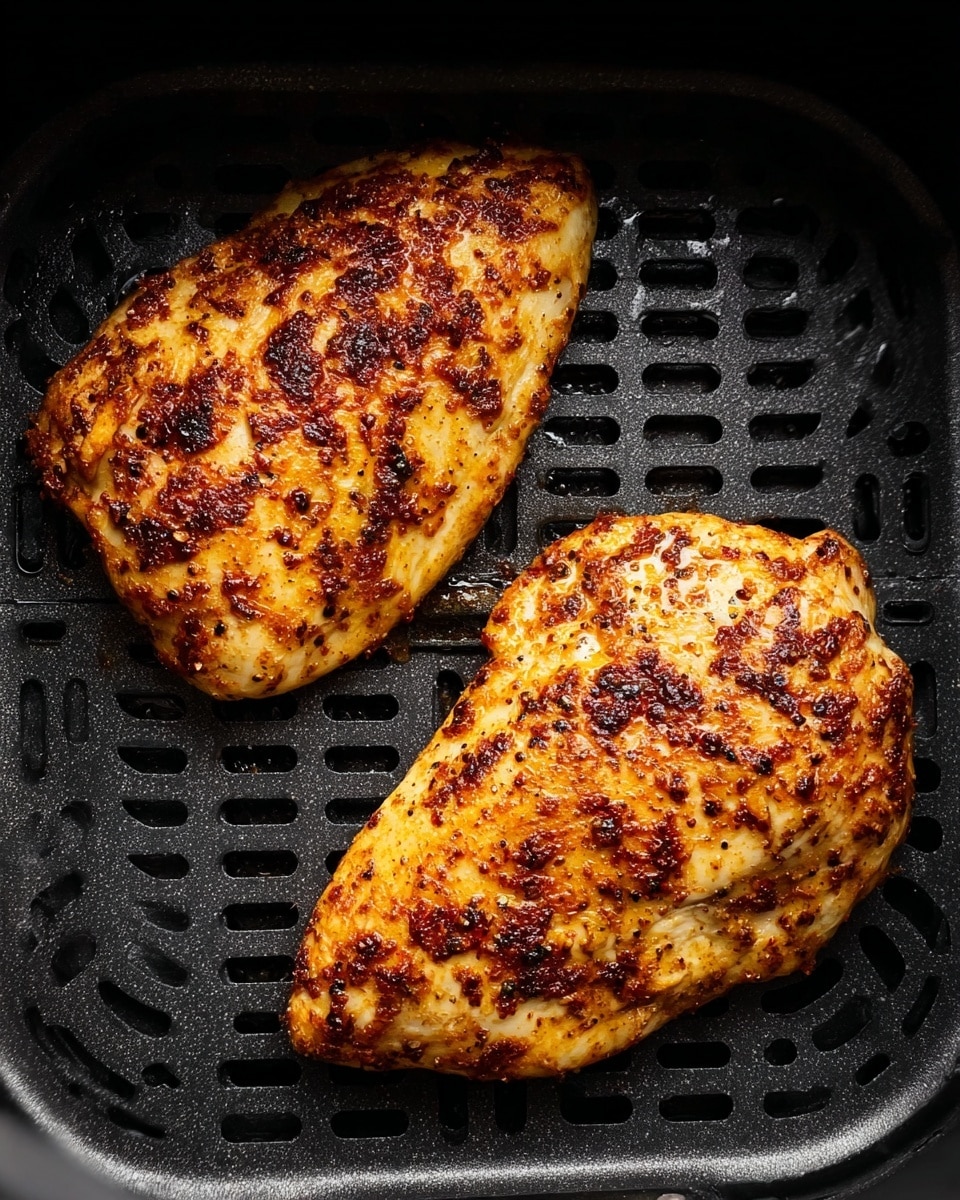 Two cooked pieces of chicken with a golden brown and slightly charred texture are placed inside a black air fryer basket. The chicken pieces have a seasoned look with small dark spots from the spices and cooking process. The air fryer basket shows a pattern of raised parallel lines and curved shapes, giving texture underneath the chicken. The whole scene is lit well and looks warm as if fresh out of the fryer. Photo taken with an iphone --ar 4:5 --v 7