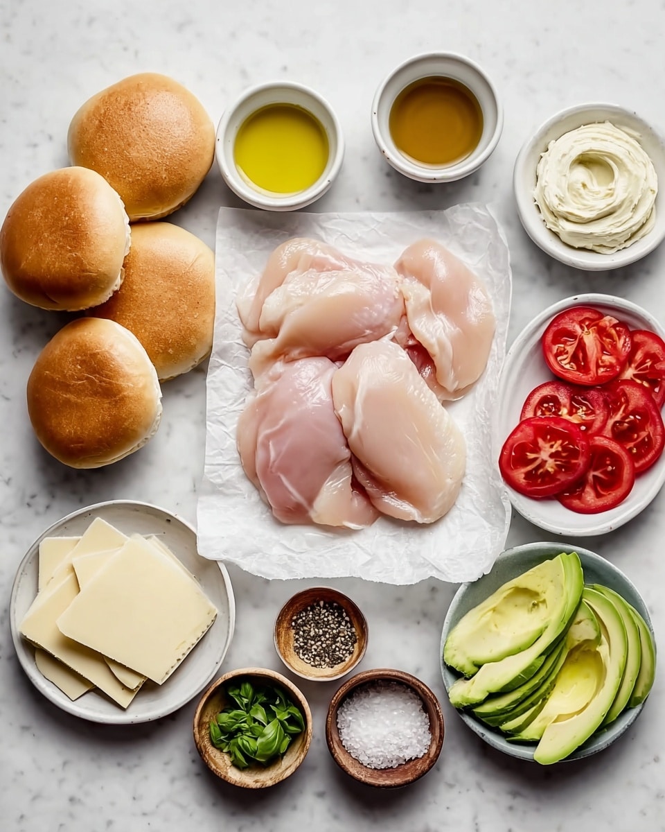 The image shows raw chicken pieces placed in the middle on white parchment paper with a smooth light pink texture. To the left, there are three round golden-brown burger buns stacked together and two small white bowls with yellow oil and dark brown sauce. On the right side, there are several small white dishes arranged in a row: sliced red tomatoes, creamy white mayo, pale yellow round cheese slices on a white plate, and sliced green avocado with smooth texture on another white plate. Small wooden bowls with bright green basil leaves, a mix of black and white pepper, and minced garlic are also visible, along with two small round dishes holding salt and coarse salt. All items are placed on a white marbled surface. Photo taken with an iphone --ar 4:5 --v 7