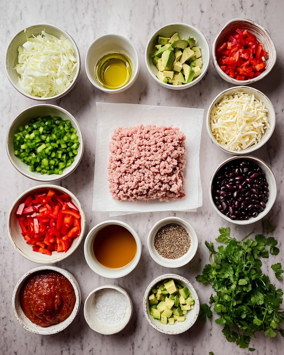The image shows a top view of many small bowls and dishes arranged carefully on a white marbled surface. In the center, there is a square layer of raw light pink ground meat on white paper. Around it, there are several white bowls with chopped red bell peppers, diced green bell peppers, chopped white onions, cubed avocado, shredded white cheese, black beans, and a mix of seeds or grains. One bowl has a small amount of olive oil, another one has minced garlic, and there is a cup of a light brown liquid and a cup of red chopped tomatoes. There is a small bowl with salt and a smaller bowl with a brown seasoning mix. Green herbs are placed on the right side. All bowls are white with natural textures or patterns. The photo taken with an iphone --ar 4:5 --v 7