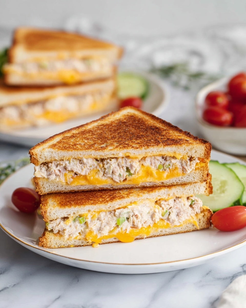 The image shows two triangular toasted sandwiches on a white plate, both cut in half and stacked. Each sandwich has two layers of golden-brown toasted bread with a crispy texture, filled with a creamy tuna salad mixed with small pieces of celery and herbs, and a layer of melted orange cheddar cheese slightly oozing inside. The white plate rests on a white marbled surface, and in the background, there is a second white plate with a similar sandwich, along with green cucumber slices and small red cherry tomatoes placed around. Photo taken with an iphone --ar 4:5 --v 7