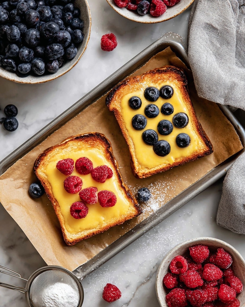 The image shows two slices of toasted bread on a baking tray lined with brown parchment paper, each topped with a smooth, golden yellow custard layer. One toast has five bright red raspberries arranged on top, spread out with some space between them, while the other toast has nine dark blue blueberries scattered across the custard. The toasts have crispy, browned edges and are placed on a white marbled surface with a light gray cloth nearby. Surrounding the tray are additional bowls filled with more fresh blueberries and raspberries, along with some loose berries scattered around. A silver tea infuser with powdered sugar inside and some sugar spilled on the tray is placed near the toasts. Photo taken with an iphone --ar 4:5 --v 7