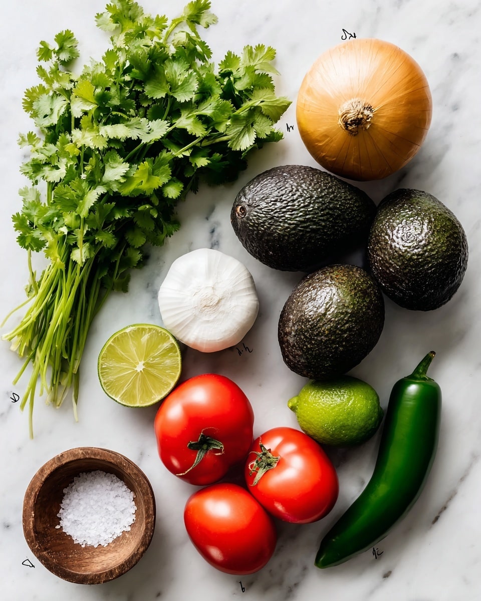 The image shows fresh ingredients spread out on a white marbled surface, including a bunch of green cilantro with leafy stems at the top left, three dark green avocados with rough skin on the top right, a round yellowish-brown onion below the cilantro, a whole white garlic bulb next to the onion, a bright green lime near the middle right, two red Roma tomatoes below the lime, a dark green jalapeno pepper to the right of the tomatoes, and a small open wooden container filled with white salt at the bottom left. Each ingredient is clearly visible and labeled with white text boxes. Photo taken with an iphone --ar 4:5 --v 7