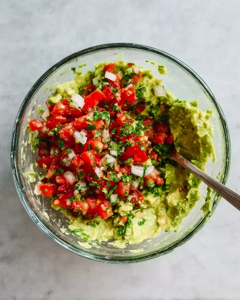 A clear glass bowl filled with mashed light green avocado as the base layer, topped with finely chopped bright red tomatoes, small white onion pieces, and fresh green herbs scattered evenly on top. A silver spoon rests inside the bowl, slightly sunk into the mixture. The bowl is placed on a white marbled surface. photo taken with an iphone --ar 4:5 --v 7