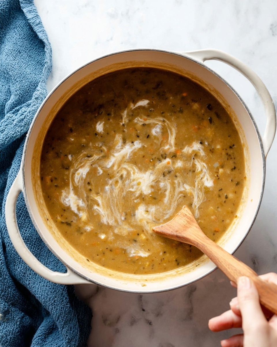 A white pot filled with a thick brown soup containing visible small chunks of vegetables and herbs, with a swirl of lighter cream being stirred into it by a woman's hand holding a wooden spoon, another woman's hand gripping the pot's handle, all set on a white marbled surface with a blue cloth in the top left corner, showing a close-up top view. photo taken with an iphone --ar 4:5 --v 7
