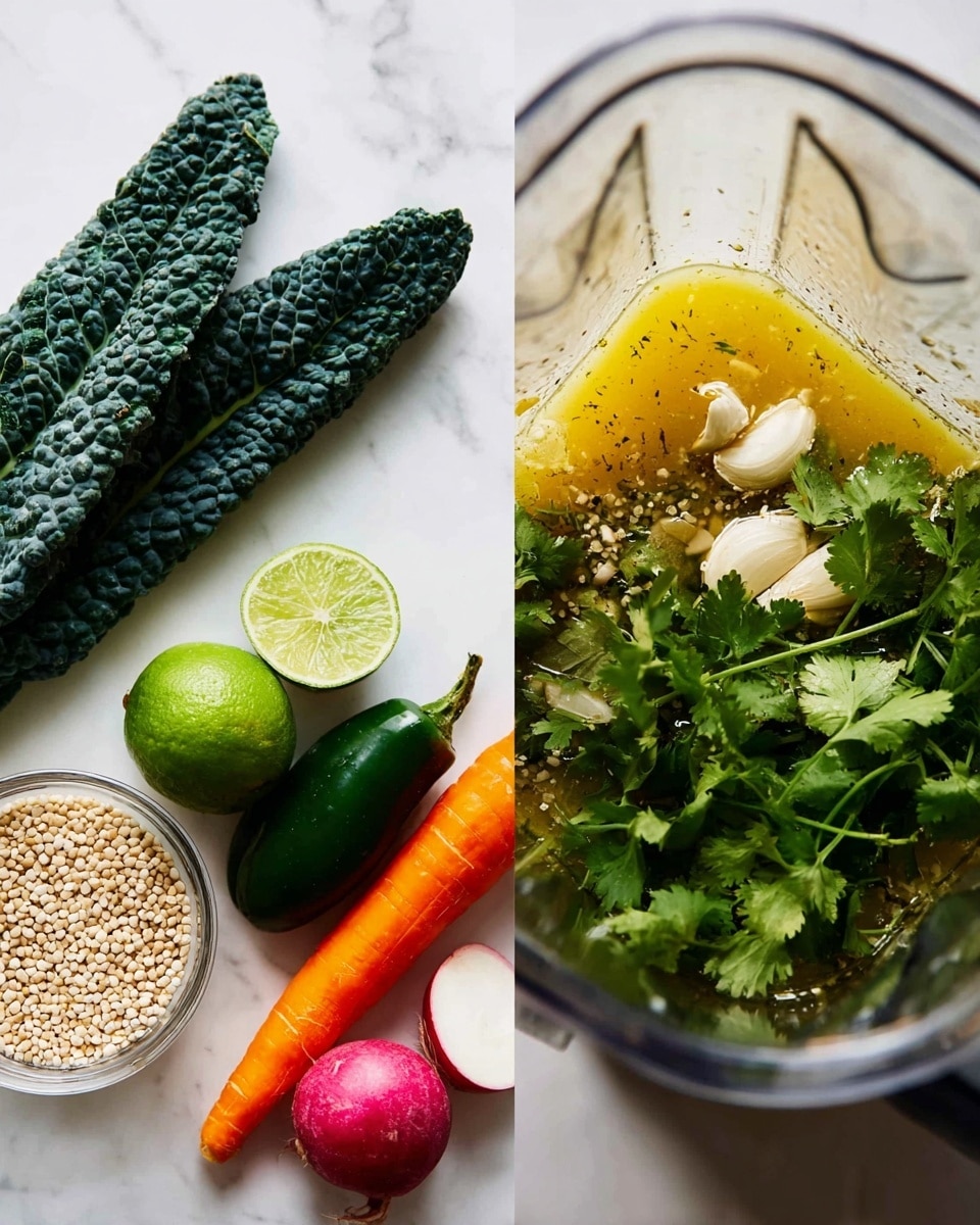 The image on the left shows fresh ingredients neatly arranged on a white marbled surface: three long dark green kale leaves with a bumpy texture placed horizontally, a halved lime with light green flesh and a slightly rough skin beside a small glass bowl filled with beige cooked grains; below the kale are an orange carrot, a dark green jalapeno pepper, and a sliced round radish with visible white inside and purple skin. On the right, a close-up view inside a blender shows a bright yellow liquid base with various whole garlic cloves floating, topped with a bunch of fresh cilantro leaves that are deep green with delicate textures. Photo taken with an iphone --ar 4:5 --v 7