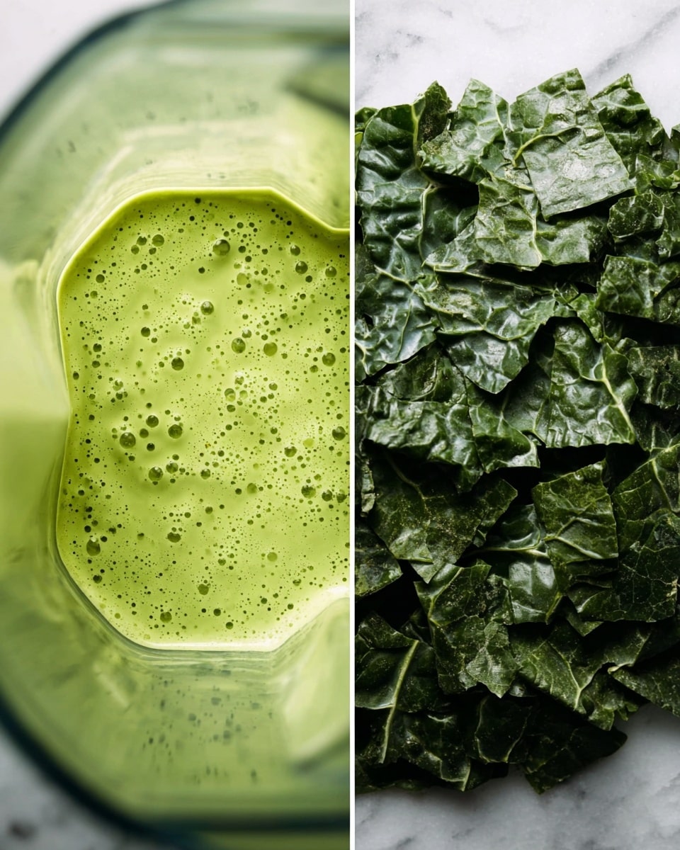 The image shows two side-by-side close-up views of ingredients. On the left, inside a blender, there is a smooth light green liquid with small bubbles on the surface, filling the bottom part of the blender's clear container. On the right, there is a pile of dark green chopped kale leaves, their rough texture and veins clearly visible, spread out on a white marbled surface. photo taken with an iphone --ar 4:5 --v 7