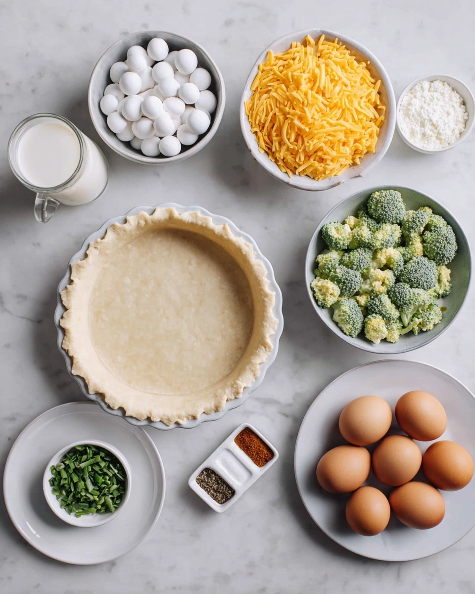 A white pie crust sits empty on a white marbled surface, surrounded by bowls and plates with ingredients. On the top left, a bowl holds small white ceramic balls. Next to it is a glass cup filled with milk. To the right, a white bowl is filled with shredded orange cheese, and beside it is a smaller bowl with chopped green herbs. Below the bowls, a larger bowl holds chopped green broccoli florets. On the right side, a white plate carries six brown eggs. Finally, at the bottom center, a small dish contains four sections of spices in brown, black, white, and green colors. photo taken with an iphone --ar 4:5 --v 7
