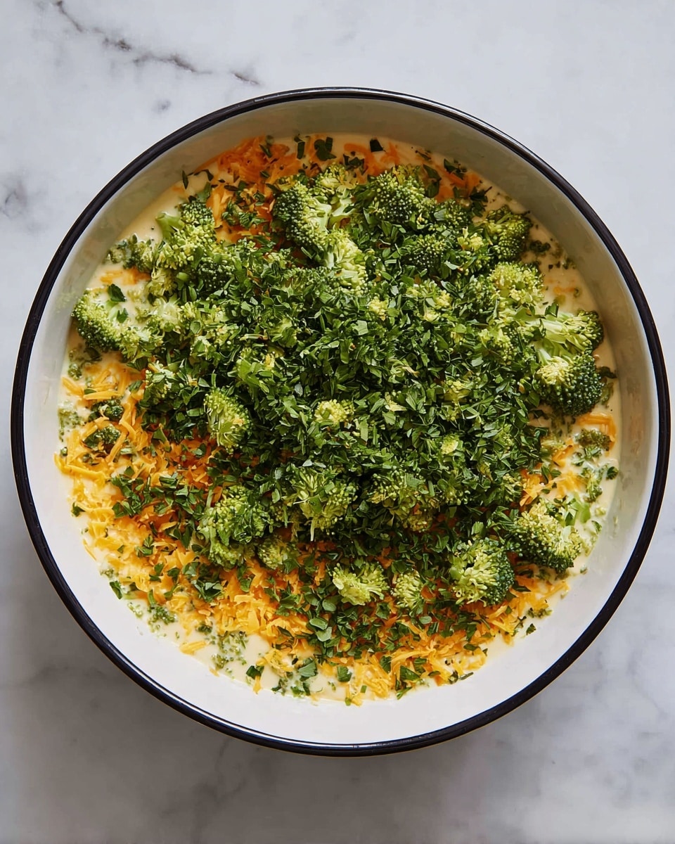 A white bowl with a black rim holds a three-layer mix: the bottom layer is creamy with hints of orange cheese, the middle layer shows shredded orange cheese just beneath, and the top layer is a thick, fresh scattering of small, bright green broccoli florets mixed with finely chopped dark green herbs. The bowl sits on a white marbled surface. Photo taken with an iphone --ar 4:5 --v 7