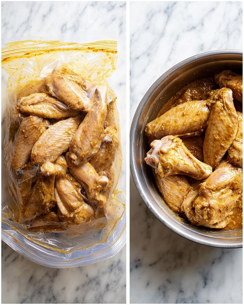 The image shows two side-by-side views of raw chicken wings being marinated. On the left, the wings are inside a clear plastic bag with a yellowish-brown marinade spread unevenly across the skin, filling the bag with several wings visible in layers close together. On the right, the wings are placed in a round metal bowl, coated evenly with the same yellowish-brown marinade, showing a sticky texture with the wings layered on top of each other, some overlapping. Both scenes have a white marbled surface underneath. Photo taken with an iphone --ar 4:5 --v 7