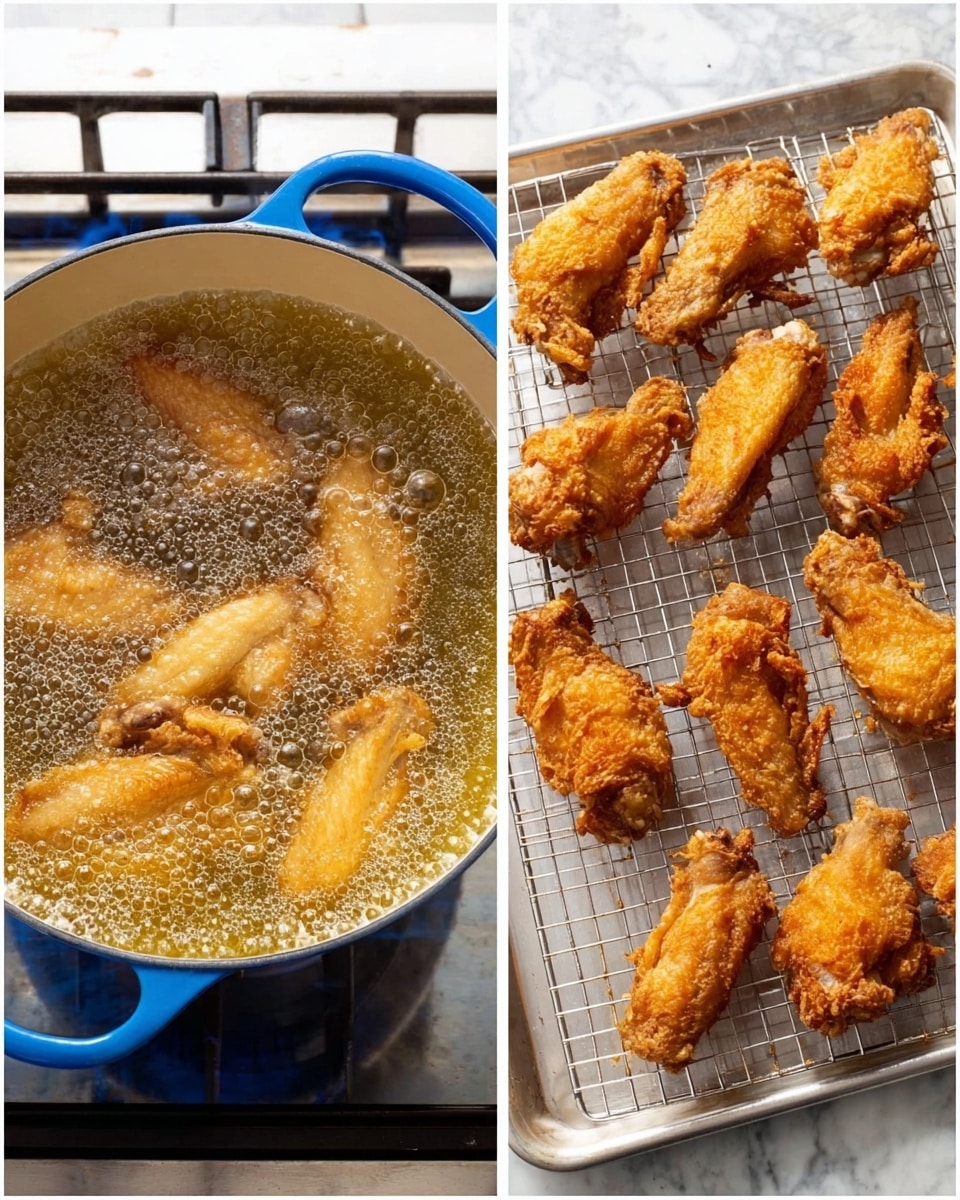 Two images side by side show the process of frying chicken wings. On the left, a blue pot filled with bubbling golden oil has a few pieces of chicken wings cooking inside, showing light brown crispy edges under the oil bubbles. This pot is placed on a stove with a white marbled countertop behind it. On the right, twelve fully fried chicken wings with a golden brown, crunchy texture are arranged on a silver wire rack over a baking sheet on a white marbled surface. The wings are in three rows of four, with varying shapes and slight color differences from light to darker golden brown. photo taken with an iphone --ar 4:5 --v 7