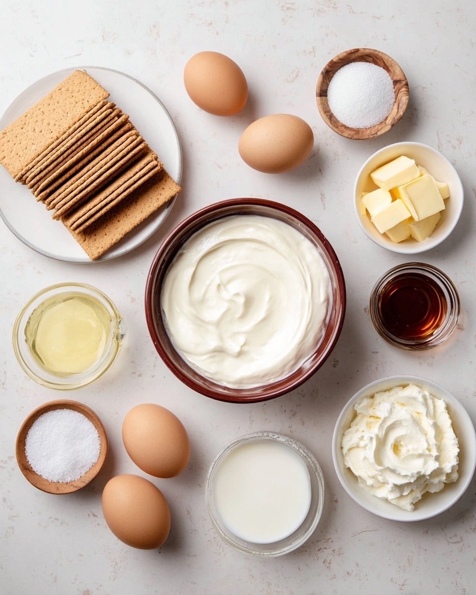 The image shows a flat white marbled surface topped with various small bowls and plates of ingredients arranged neatly. In the center is a brown ceramic bowl filled with smooth, thick white cream. To the left, a white plate holds stacked rectangular beige graham crackers. Surrounding these are four brown eggs, a small bowl of thick white sour cream, and several small white bowls containing melted butter, white sugar, and a clear liquid, likely lemon juice. Two tiny wooden bowls with white salt sit on opposite sides, and a small bowl of brown vanilla extract completes the scene. The overall look is clean, organized, and focused on simple dessert ingredients. photo taken with an iphone --ar 4:5 --v 7