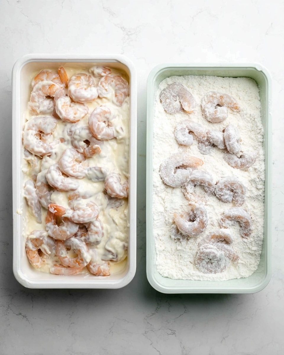 The image shows two side-by-side white plastic containers with different ingredients for cooking shrimp. The left container is filled with peeled shrimp covered in a thick white creamy sauce, with the shrimp's pink and orange colors faintly visible through the sauce. The right container holds peeled shrimp lightly coated in white flour, scattered on a bed of fine white flour inside the container, which contrasts with the shrimp's pale pink color. Both containers are placed on a white marbled surface. Photo taken with an iphone --ar 4:5 --v 7
